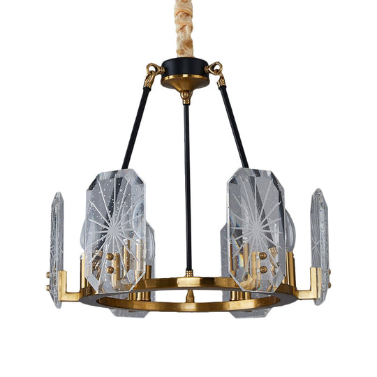 Modern Crystal Glass 6-Bulb Geometric Chandelier With Black And Gold Ring
