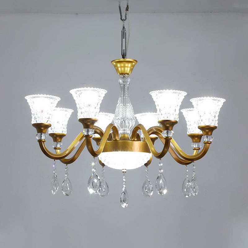 Gold Bell Shaped Chandelier With Clear Crystal Glass Pendant For Parlor - Available In 3 6 Or 8