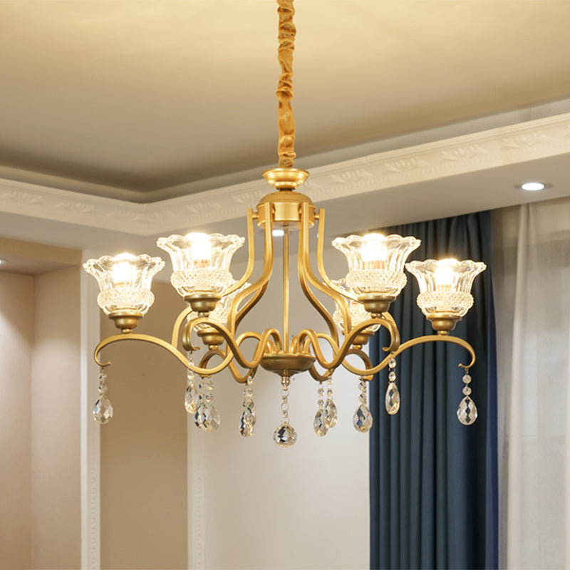 Traditional Crystal Glass Chandelier with Gold Finish - 3/6/8 Lights - Floral Shade - Elegant Suspension Lamp