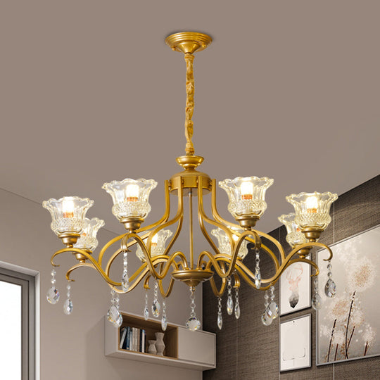 Traditional Crystal Glass Floral Shade Chandelier - Elegant Gold Ceiling Lamp With 3/6/8 Lights