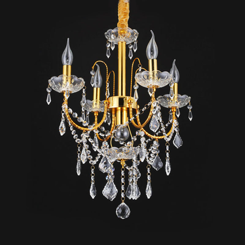 Traditional Gold Metal Candelabra Chandelier With Swag Crystal Strand Deco - Dining Room Hanging