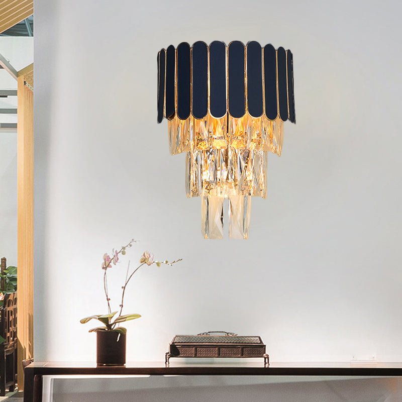 Contemporary Black Tiered Crystal Wall Sconce With 3 Heads - Stylish Living Room Lighting Idea