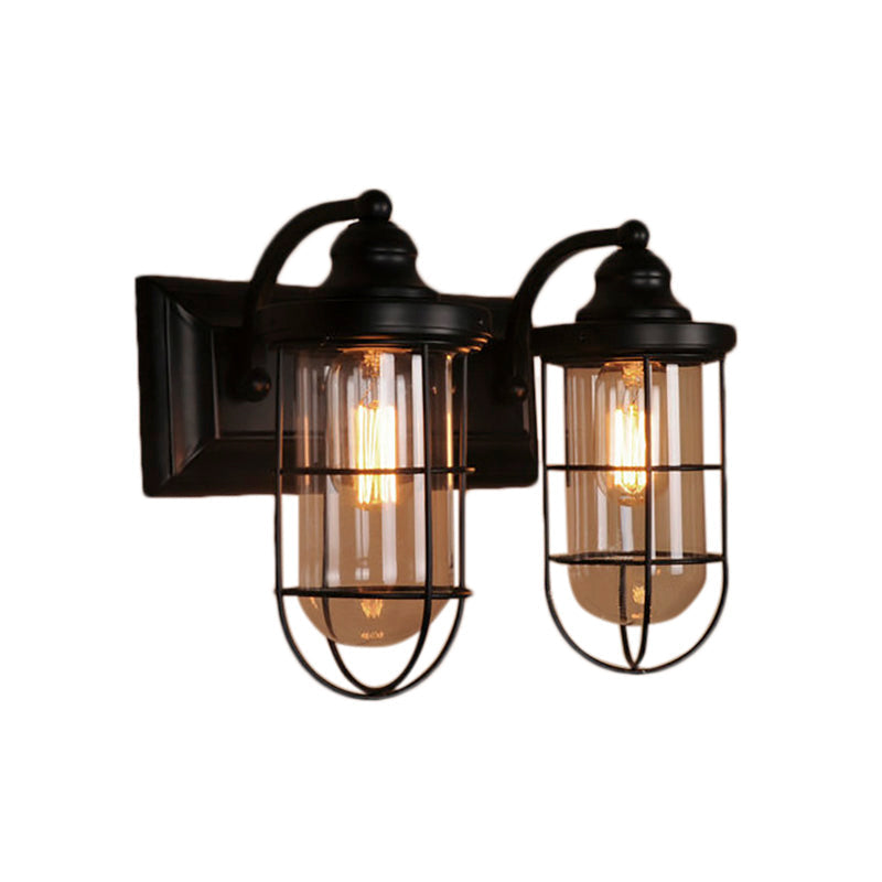 Industrial Black Wire Cage Wall Sconce Light For Stairway - Clear Glass 1/2-Bulb Fixture