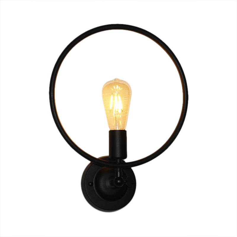 Round Backplate Metal Wall Sconce With Ring Decoration - Loft 1-Light Black Dining Room Light