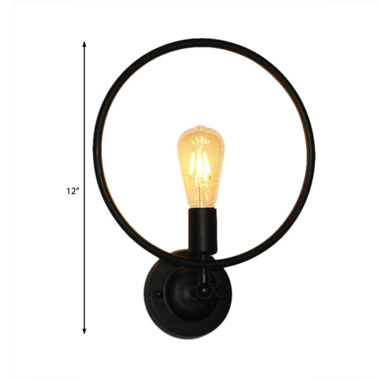 Round Backplate Metal Wall Sconce With Ring Decoration - Loft 1-Light Black Dining Room Light