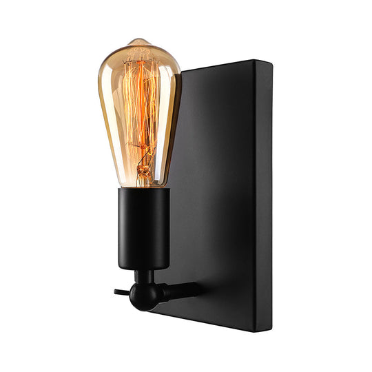 Industrial Black Wall Lamp With Exposed Bulb For Dining Room - Rectangular Backplate 1 Light