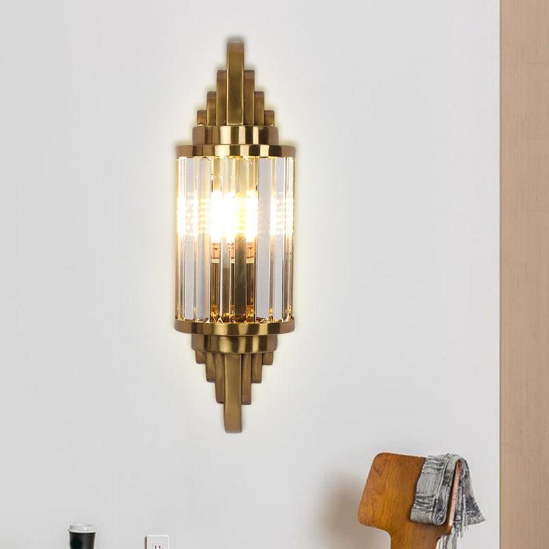 Postmodern Gold Finish Cylinder Wall Sconce With Crystal Prisms - Ideal For Living Room