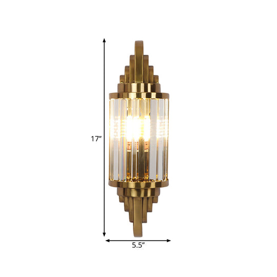 Postmodern Gold Finish Cylinder Wall Sconce With Crystal Prisms - Ideal For Living Room