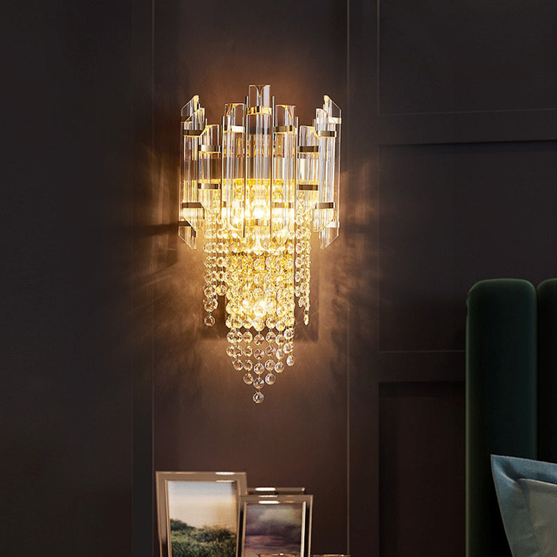 Modern Crystal Wall Sconce - Gold Tiered Mounted Lamp With 1 Bulb For Bedside Clear
