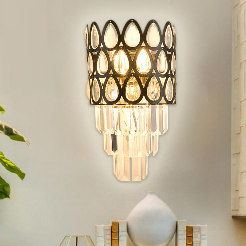 Contemporary Grid Wall Mount Teardrop Crystal Light - 3 Lights Black/Gold Sconce Lamp Fixture Black
