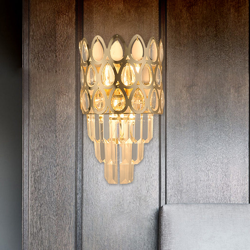 Contemporary Grid Wall Mount Teardrop Crystal Light - 3 Lights Black/Gold Sconce Lamp Fixture