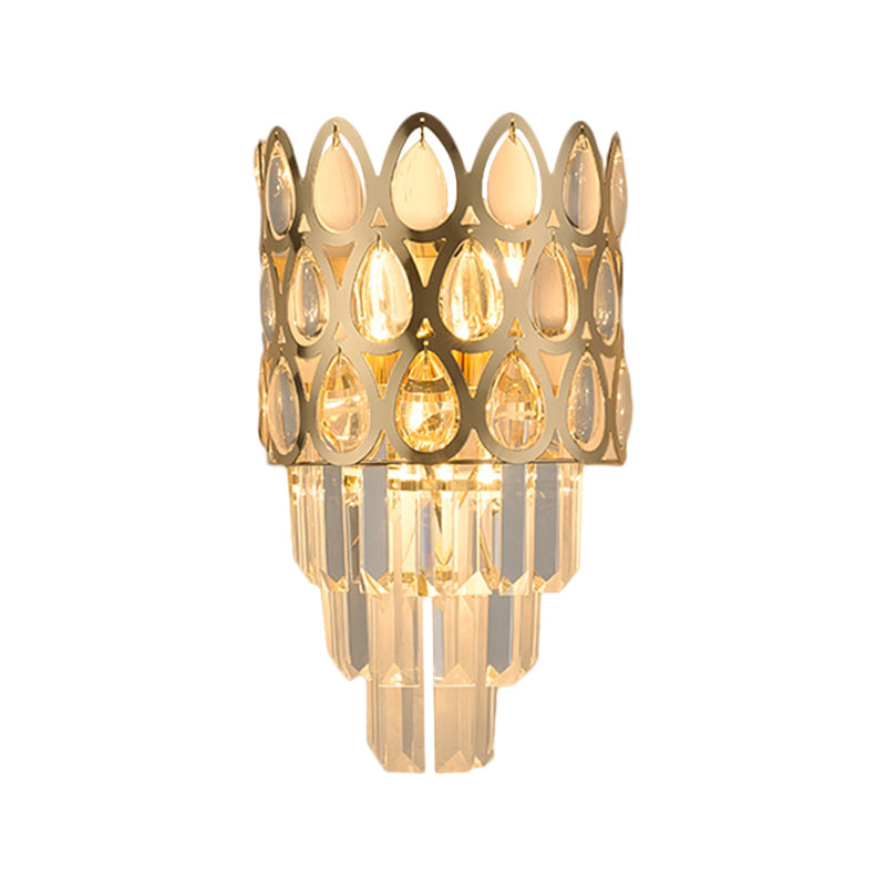 Contemporary Grid Wall Mount Teardrop Crystal Light - 3 Lights Black/Gold Sconce Lamp Fixture