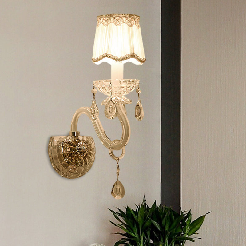 Traditional White Candle Wall Lamp With Clear Crystal Accent And Scalloped Fabric Shade 1 /