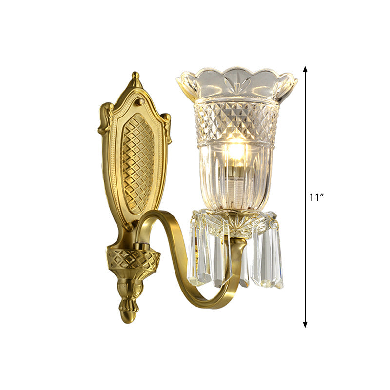 Vintage Floral Wall Light With Clear Crystal Glass Shade In Gold - 1 Mounted Lamp