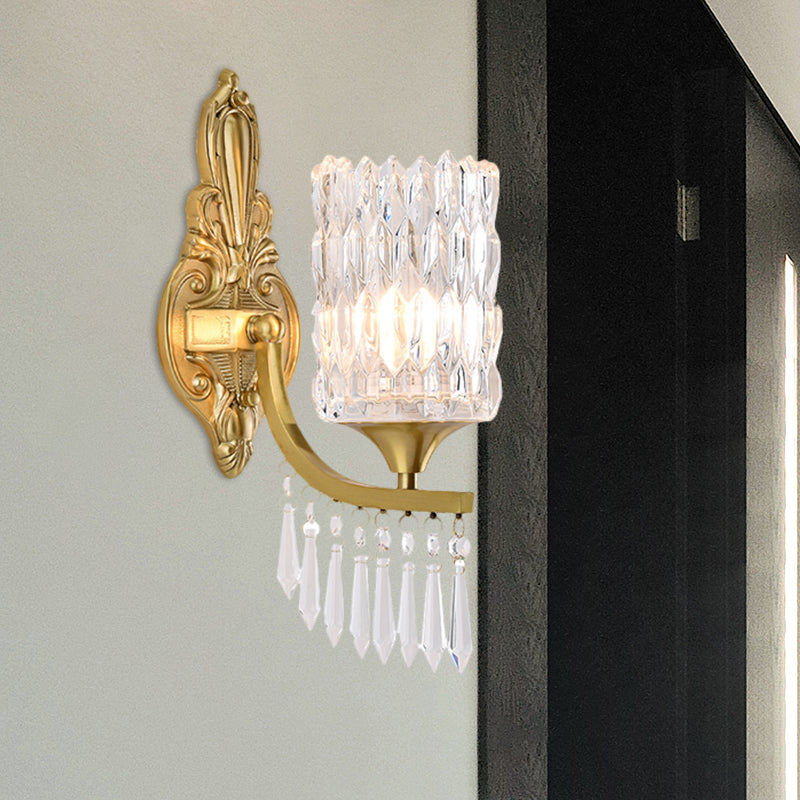 Postmodern Gold Column Wall Lamp With Clear Crystal Shade - Elegant Single Bulb Lighting Fixture