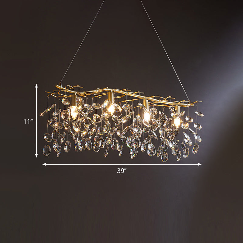 Modern Gold Branching Island Hanging Lamp With Crystal Droplets - 4-Bulb Metallic Pendant Light