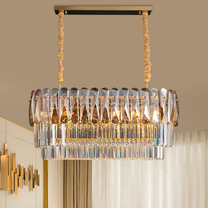 Rectangular Dining Room Pendant - 3-Tier Amber/Smoke Gray Crystal Block Contemporary Island Lamp