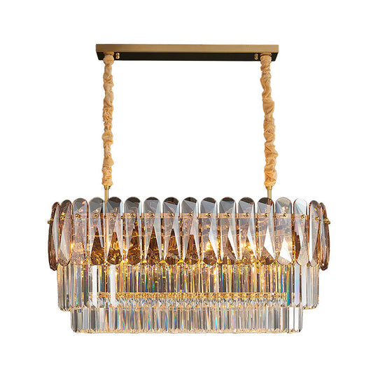 Rectangular Dining Room Pendant - 3-Tier Amber/Smoke Gray Crystal Block Contemporary Island Lamp