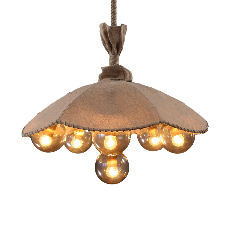 Beige Scalloped Fabric Pendant Light With Inner Glass Ball Shade - Lodge 6-Head Chandelier For