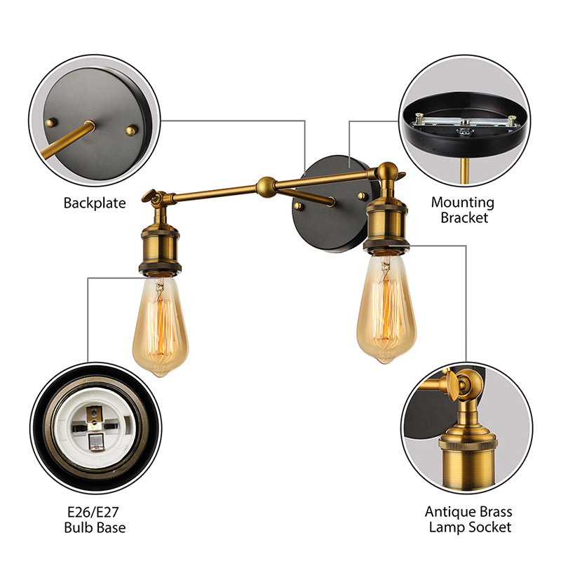Exposed Sconce Light: 2-Light Industrial Brass Finish Fixture For Coffee Shop