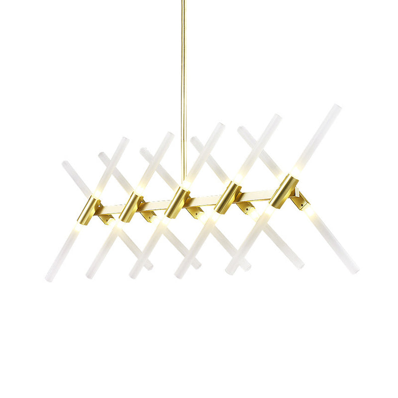 Contemporary Tubular Acrylic Island Light: 20-Head Gold Pendant With Extendable Rod