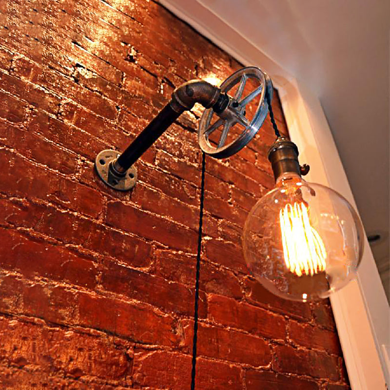 Rustic Vintage Style Pulley Wall Light With Bare Bulb - 1 Iron Sconce For Farmhouse Décor Rust