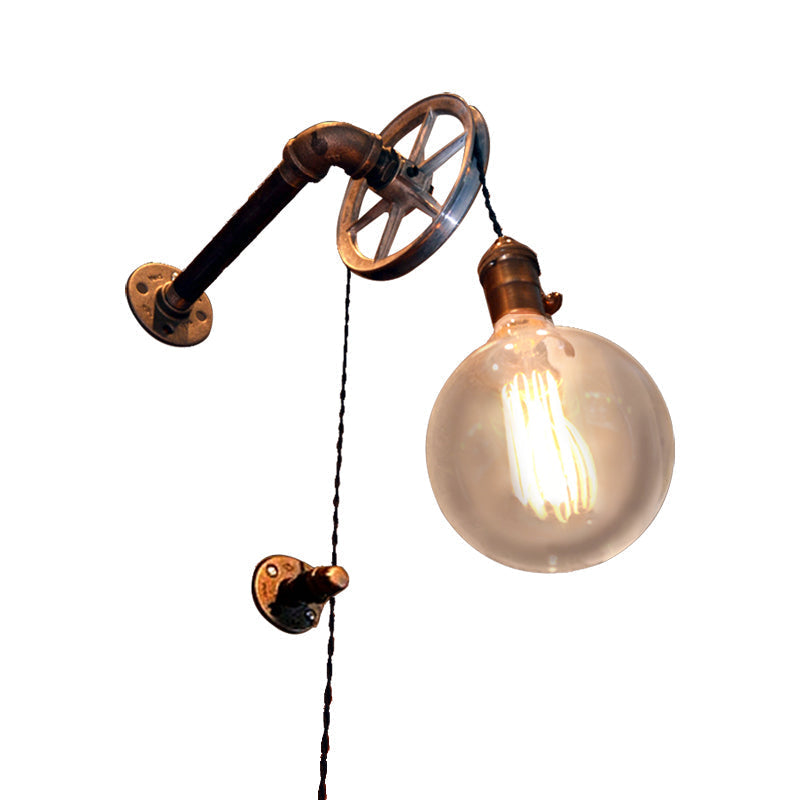 Rustic Vintage Style Pulley Wall Light With Bare Bulb - 1 Iron Sconce For Farmhouse Décor
