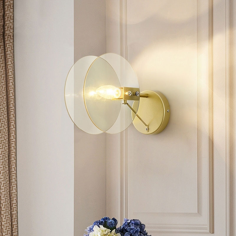 Modernist Clear Glass 2-Disk Sconce In Gold: 1-Light Wall Mount Fixture For Living Room Gold