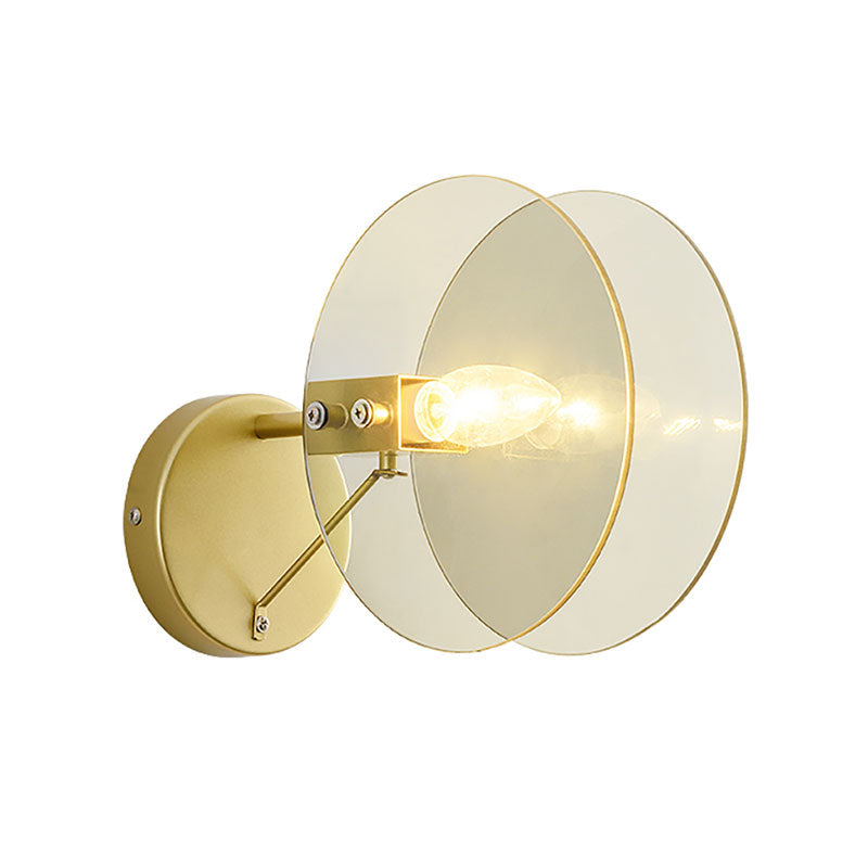 Modernist Clear Glass 2-Disk Sconce In Gold: 1-Light Wall Mount Fixture For Living Room