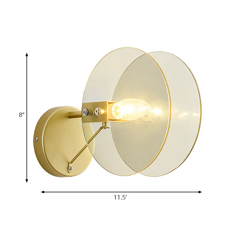 Modernist Clear Glass 2-Disk Sconce In Gold: 1-Light Wall Mount Fixture For Living Room