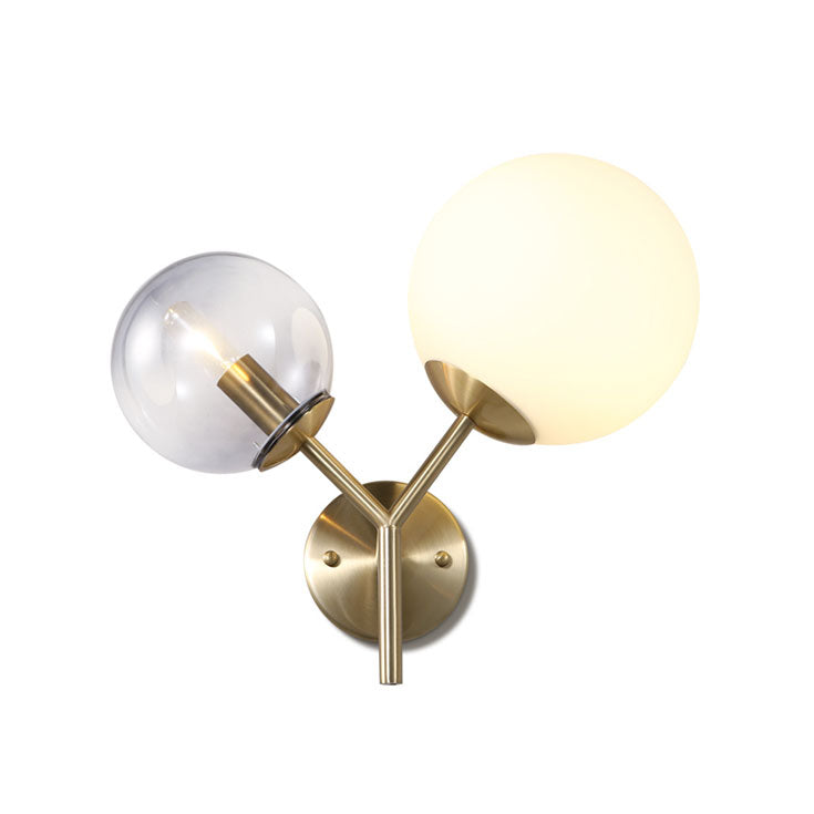 Modern Gold Globe Sconce Light Fixture - 2 Lights Wall Lamp With Smoke And White Glass Shades