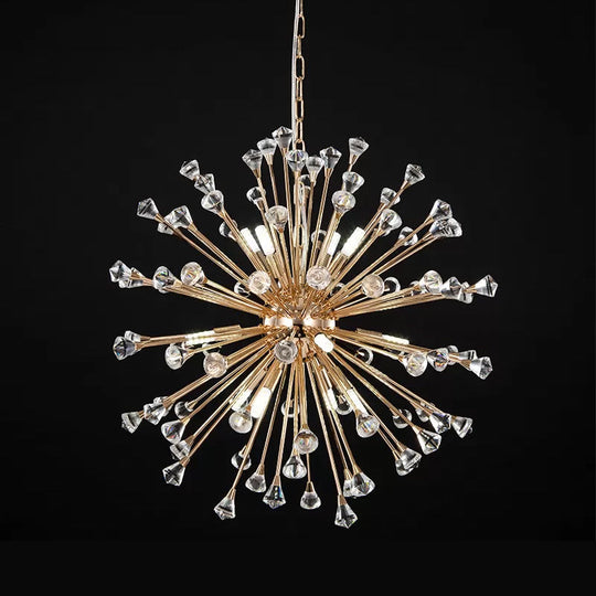 Minimalist 12-Light Gold Crystal Urchin Pendant Chandelier For Living Room