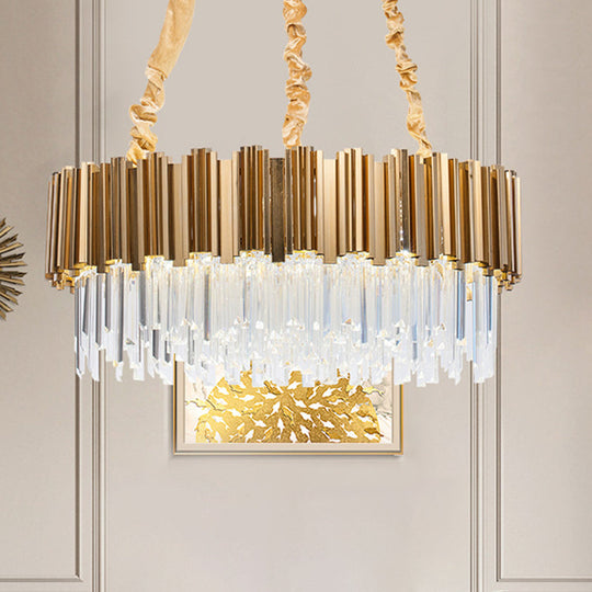 Gold Drum Shaped Crystal Icicles Pendant Chandelier, 10/15-Bulb Postmodern Hanging Light, 21.5"/28" Dia