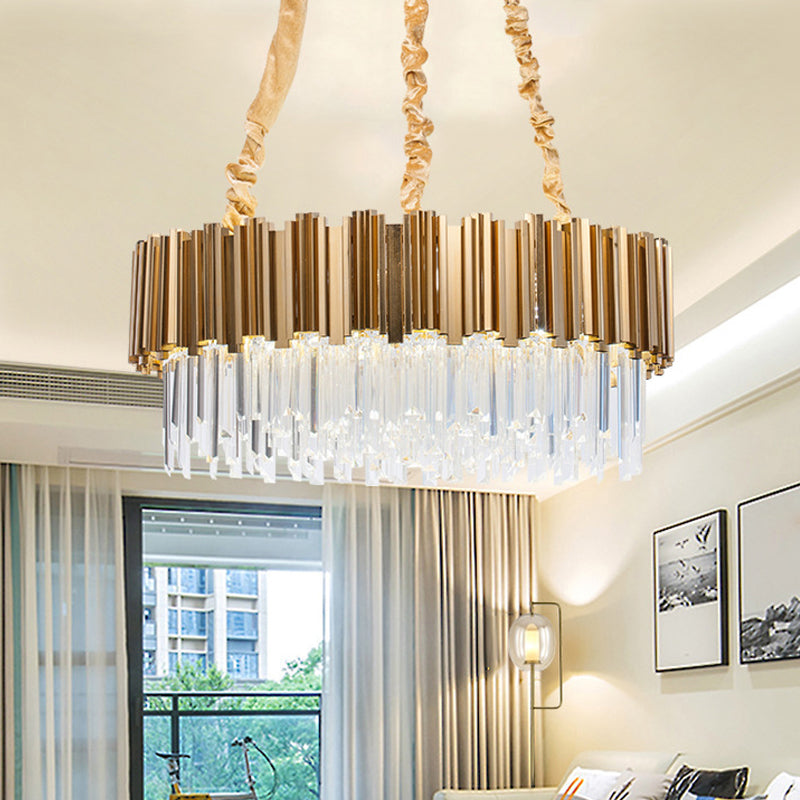 Gold Drum Shaped Crystal Icicles Pendant Chandelier, 10/15-Bulb Postmodern Hanging Light, 21.5"/28" Dia