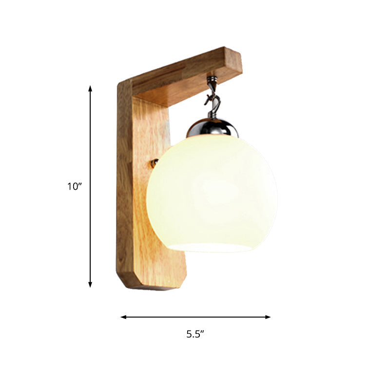 Modern Opal Glass Globe Wall Light With Wood Base - White Sconce For Bedroom