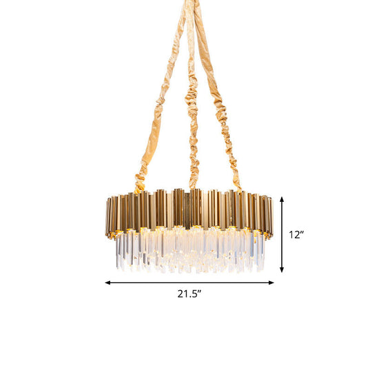 Gold Crystal Icicles Hanging Chandelier - 10/15-Bulb Drum Shape 21.5/28 Dia