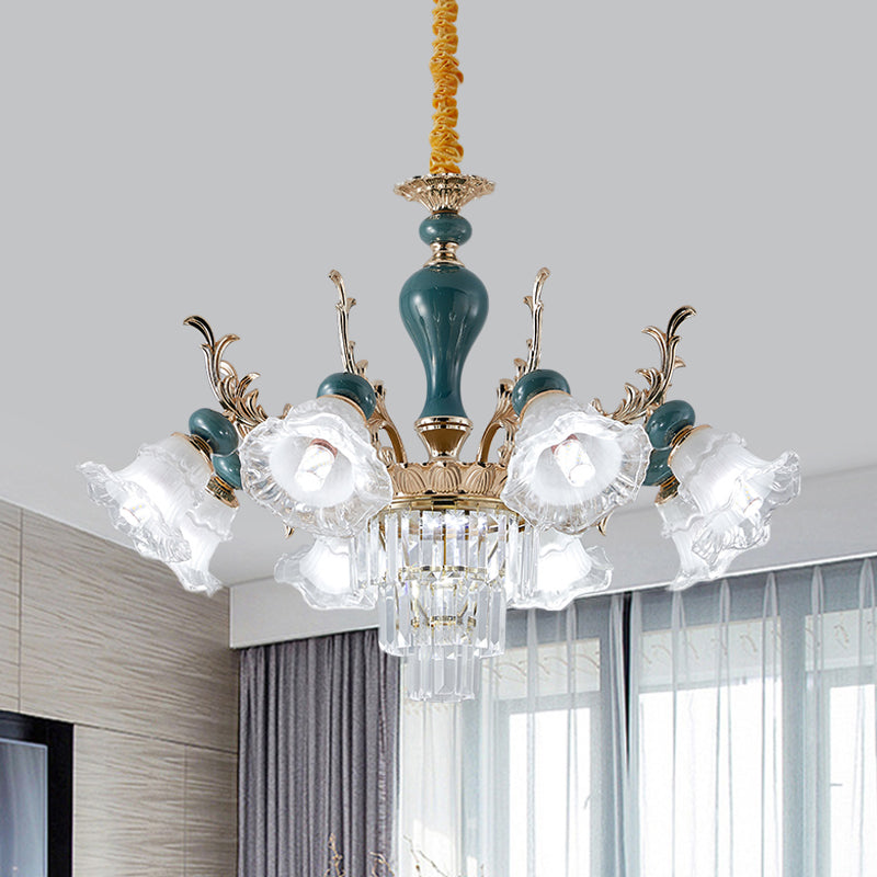 Traditional Blue Floral Crystal Chandelier Suspension Lamp with 6/8 Heads