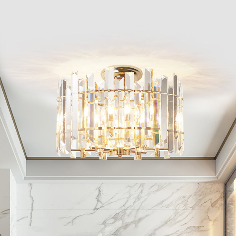 6-Light Prismatic Crystal Semi Flush Mount Gold Drum Ceiling Lamp - Modern Foyer Lighting Clear