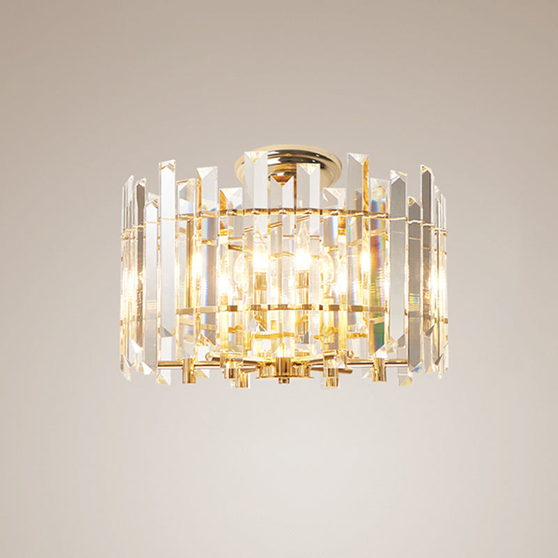 6-Light Prismatic Crystal Semi Flush Mount Gold Drum Ceiling Lamp - Modern Foyer Lighting