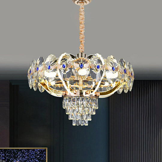 Modern Gold Led Chandelier With Crystal Panels - Oblong Down Lighting Pendant Clear
