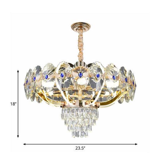 Modern Gold Led Chandelier With Crystal Panels - Oblong Down Lighting Pendant