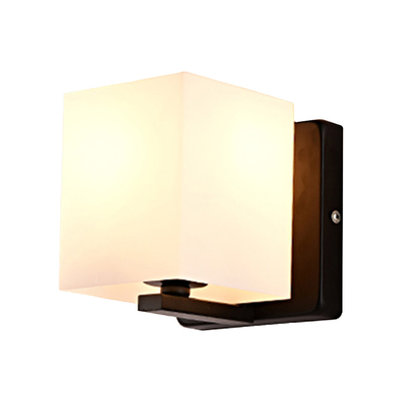 Modern 1-Light White Shade Sconce With Black Base Milk Glass Wall For Living Room