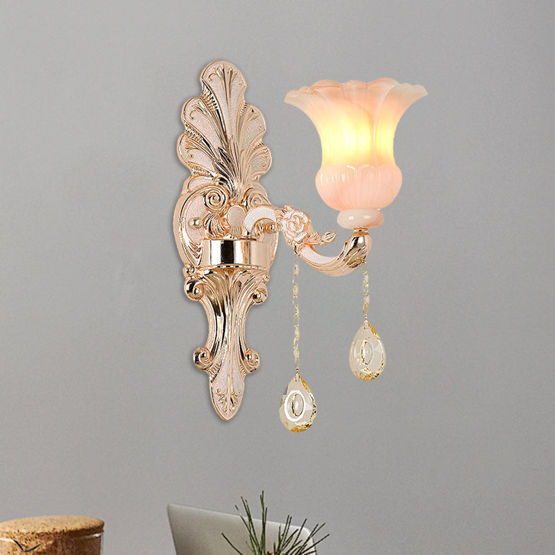 Chic Flower Shade Crystal Champagne Wall Light - Classic 1/2-Head Mounted Fixture 1 /