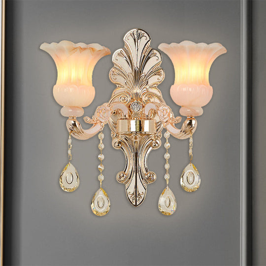 Chic Flower Shade Crystal Champagne Wall Light - Classic 1/2-Head Mounted Fixture 2 /