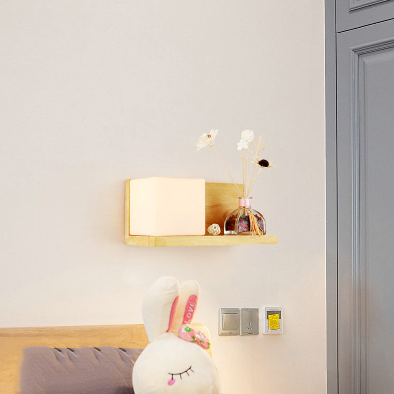 Beige Wall Lamp With Modern Cube Shade - Bedroom Sconce Light Wood / Left