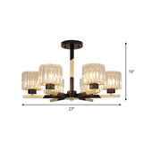 Modern Cylindrical Crystal Semi Flush Chandelier In Black - 6/8-Head Living Room Ceiling Light