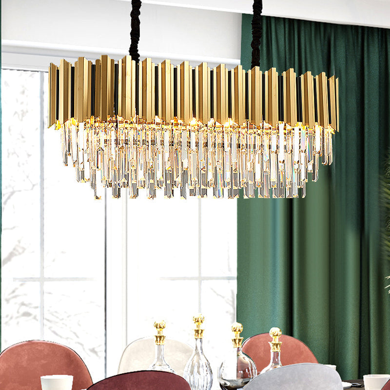 Gold Oblong Crystal Rod Pendant - Postmodern 10-Light Kitchen Island Light