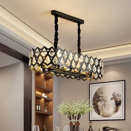 Black Oval Crystal Teardrops Suspension Light - Contemporary Island Pendant With 10/14 Bulbs