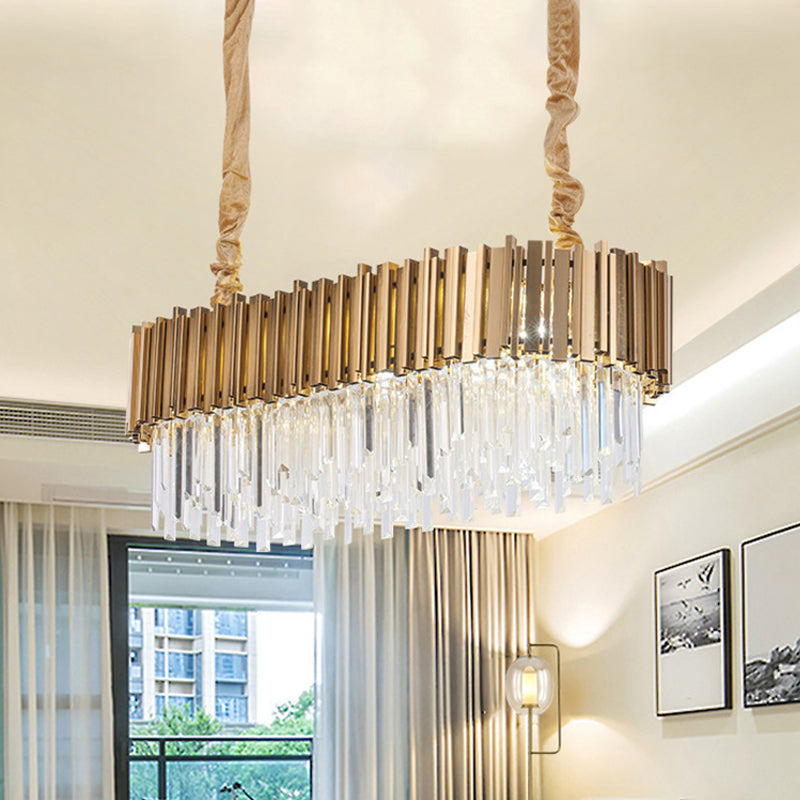 Modern Oblong Island Pendant Lamp With Crystal Rods In Gold - 6/8 Light 23.5/31.5 Wide / 23.5