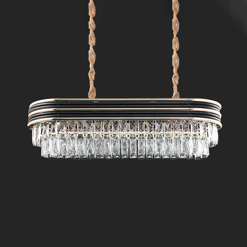 Elliptical Pendant Lamp With Cut Crystal - Modern 8-Bulb Hanging Light In Black For Island
